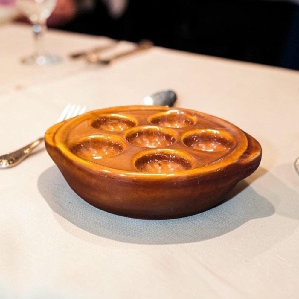 Brown Ceramic Escargot Plate, Vintage 6-Hole Serving Dish with Handles Tableware